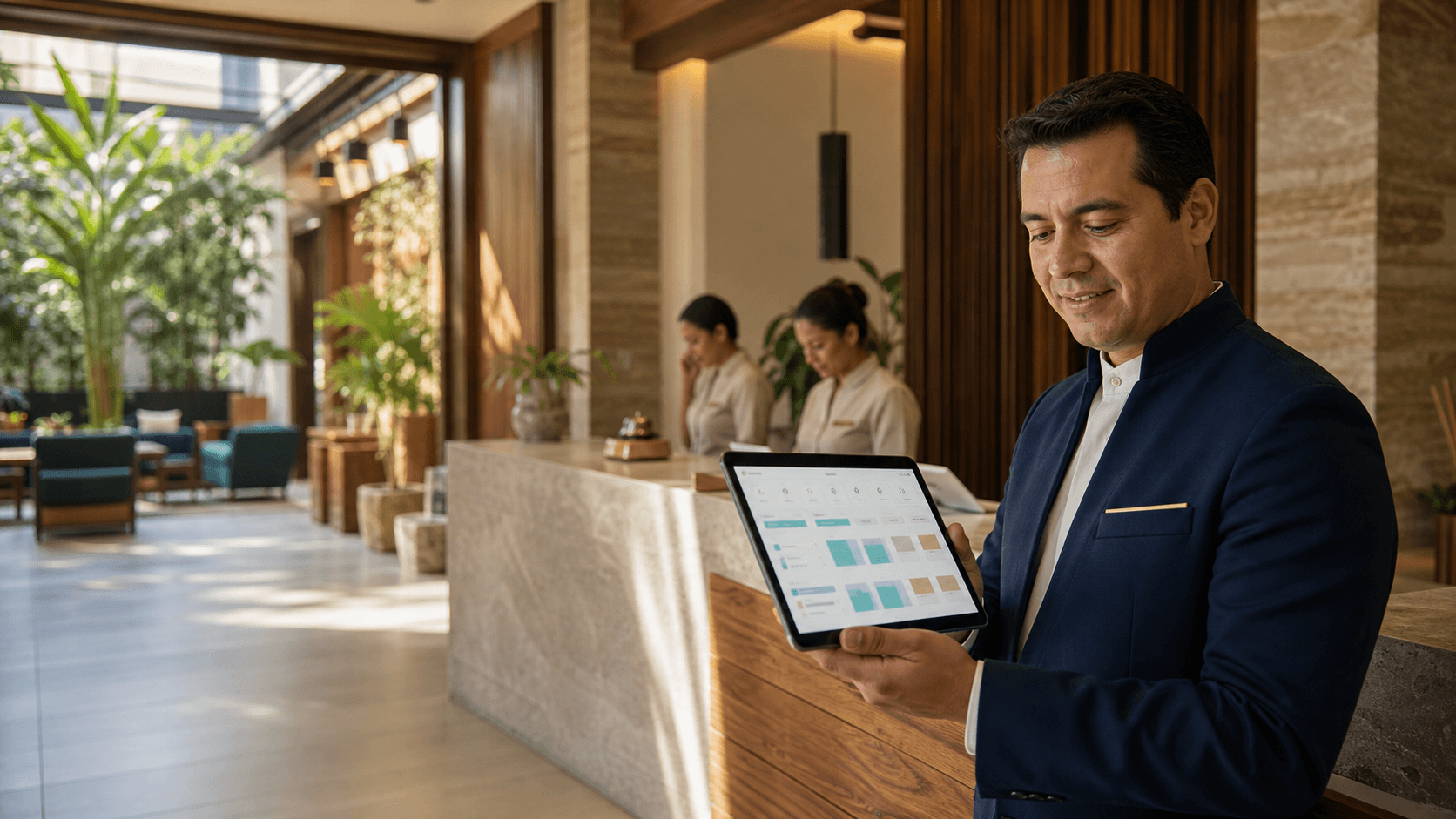 Gerente hotelero consultando la operación de su propiedad en Traviux